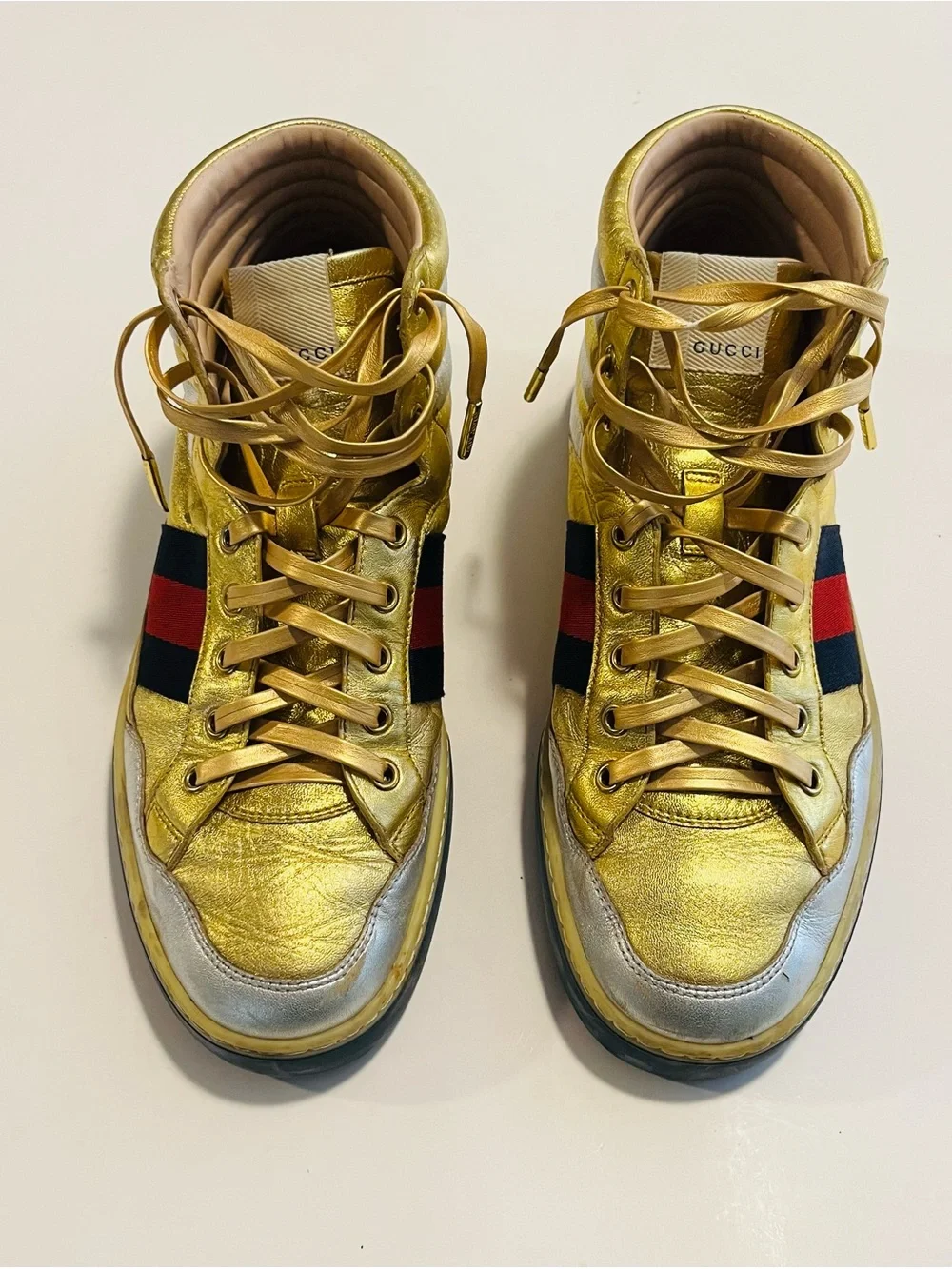 Gucci Men’s Metallic Gold Leather High Top Sneakers Size 8.5